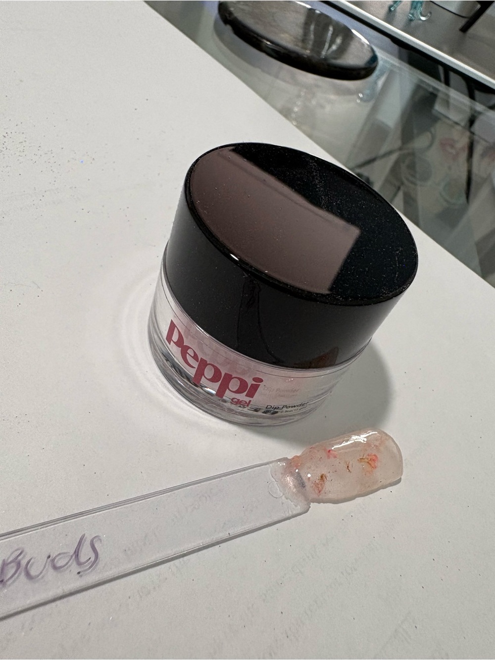 Peppi Gel Best Buds light pink dried flower and silver glitter dip nail powder